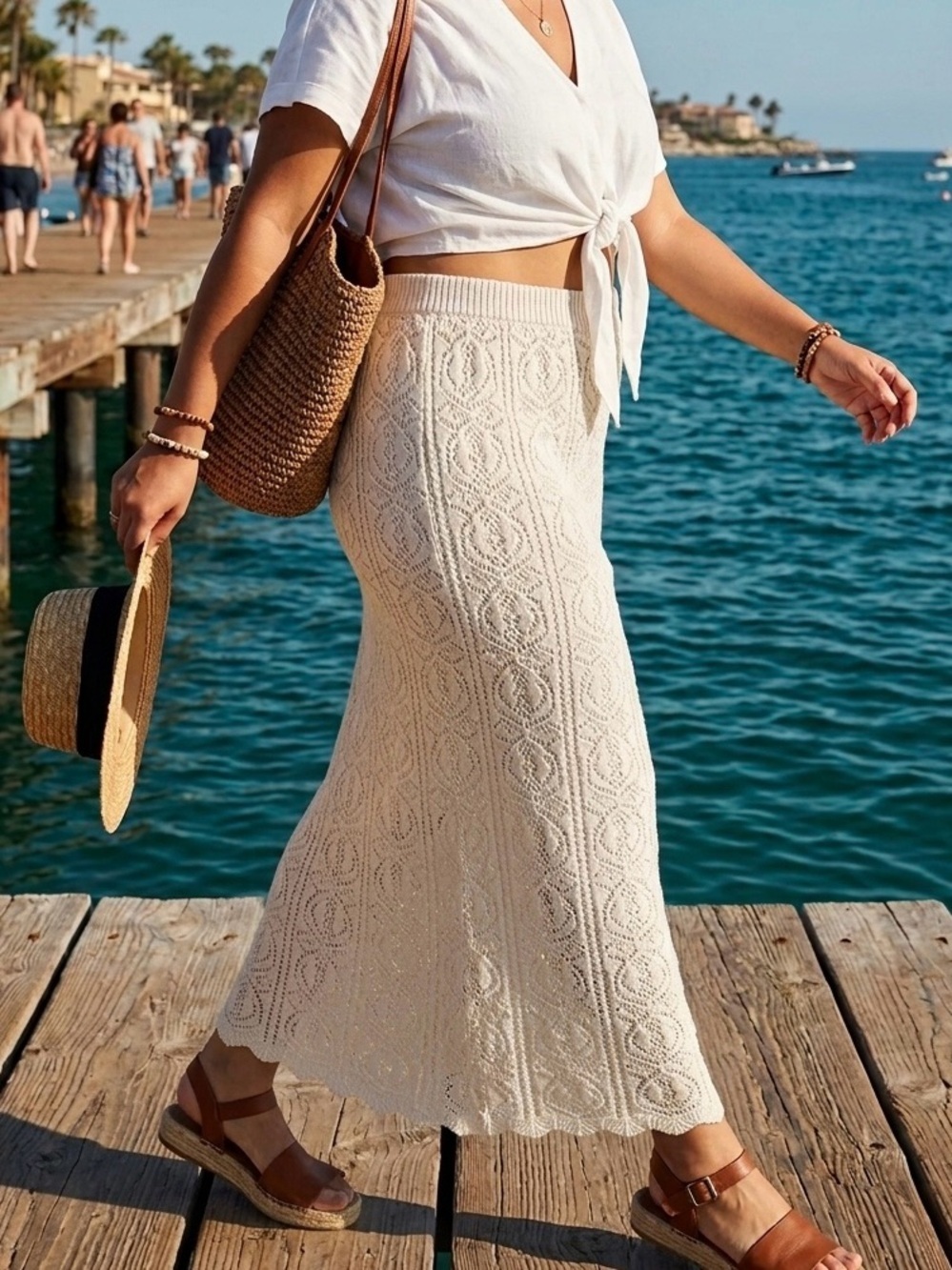 Freshman 1996 Crochet Open Knit Ivory Midi Skirt M